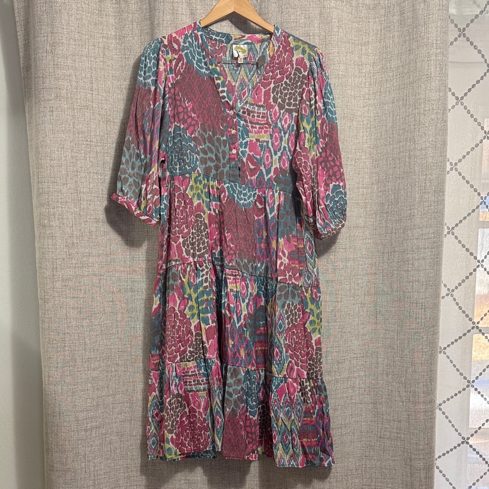 Fig and Flower Pink and Blue Patterned Midi Dress